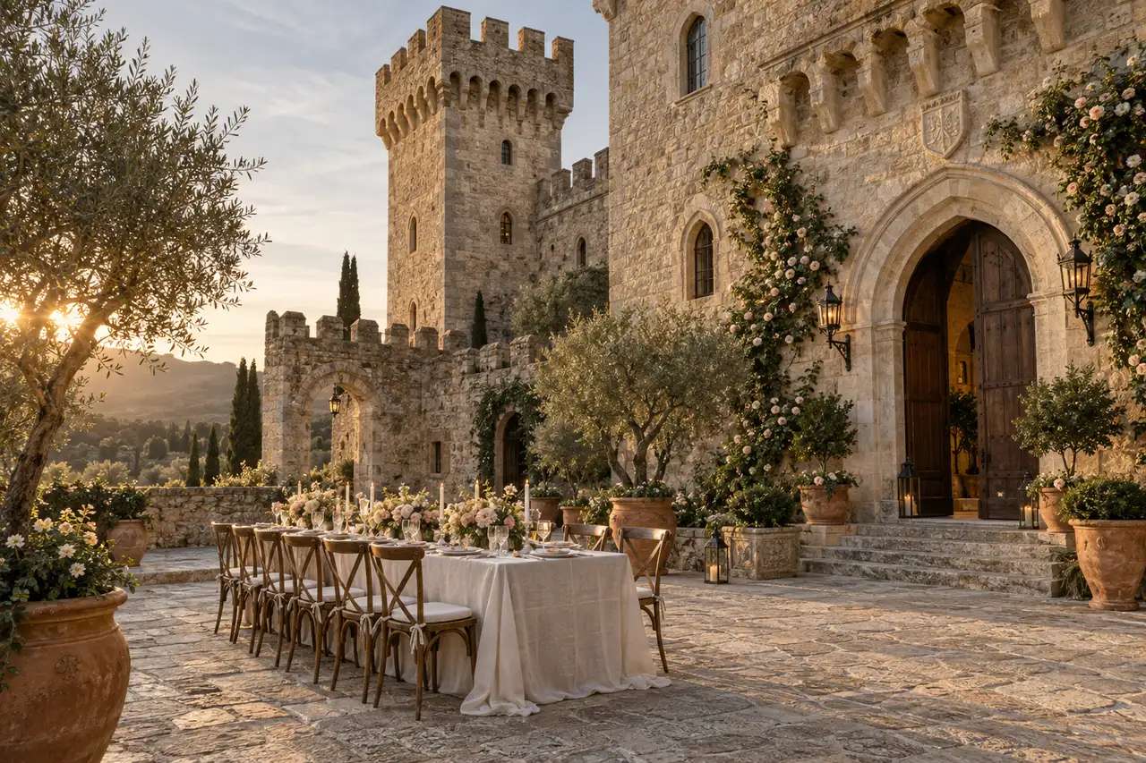 An imagined Italian castle courtyard with climbing roses and a wedding table in golden evening light.