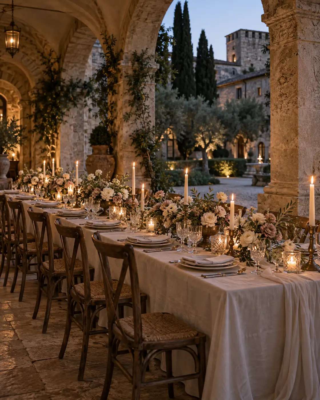 An imagined candlelit wedding dinner beneath the stone arches of an Italian castle.