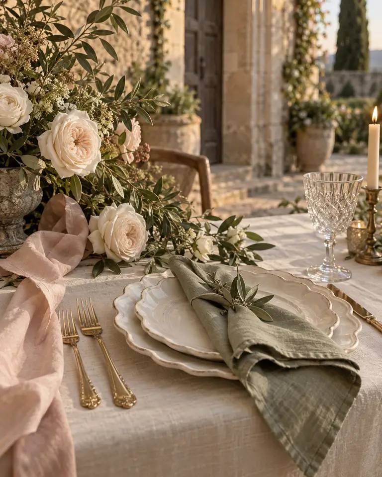 An imagined wedding place setting with sage linen, ivory roses and candlelight.